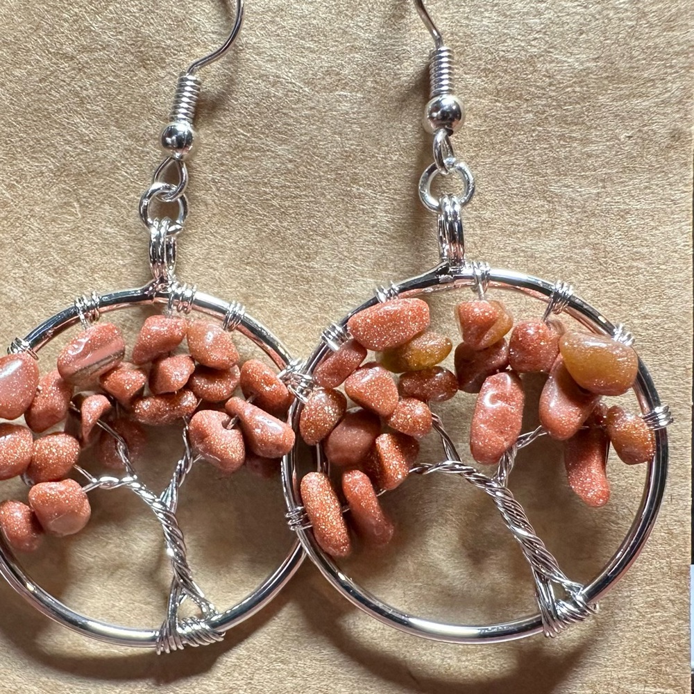 Goldstone Chip Tree of Life Earrings. Stainless steel fish hook ear wires.